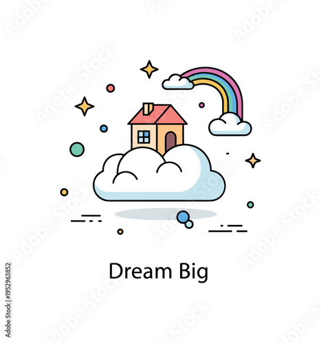 Floating in the sky childhood imagination theme with a tiny house resting on a single fluffy cloud and a rainbow accent nearby, conveying fantasy and wonder.