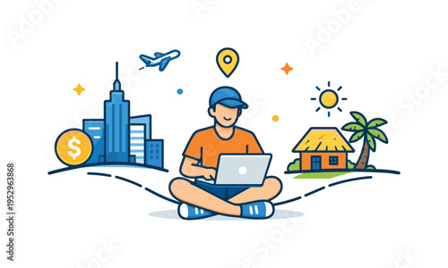 Geoarbitrage living focused on balancing income from a high-cost country with daily life in an affordable location, shown through a relaxed person working on a
