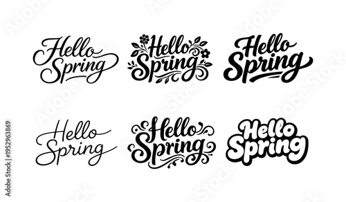 Hello Spring. Set lettering. harmonious lettering variations of the same emblematic concept, each with different artistic interpretation (Elegant script with