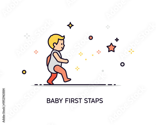 Baby first steps milestone illustrated by a small toddler silhouette taking a gentle step toward a tiny star ahead, expressing growth, courage and early