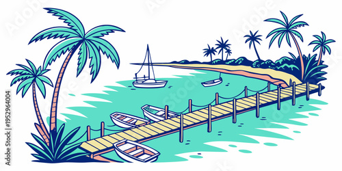 Tropical beach scene with palm trees and dock boats nature