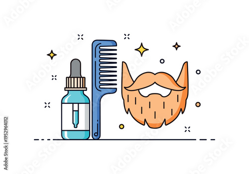 Beard care routine illustration with a small dropper bottle and comb beside a stylized beard icon representing maintenance and texture control. Clean geometry