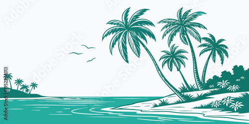Tropical beach scene with palm trees and a winding shoreline ocean waves