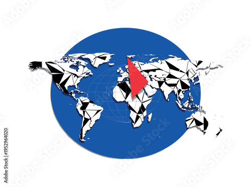 Black and white abstracted polygonal world map composed of geometric fragments, oversized cobalt blue circular backdrop, sharp red triangle accent indicating