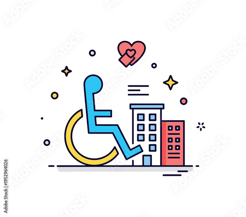 Accessible society initiative centered on a universal access icon paired with a small building outline, representing inclusion in public spaces and equal