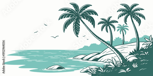 Tropical coastline with palm trees and rocks on a sunny day beach