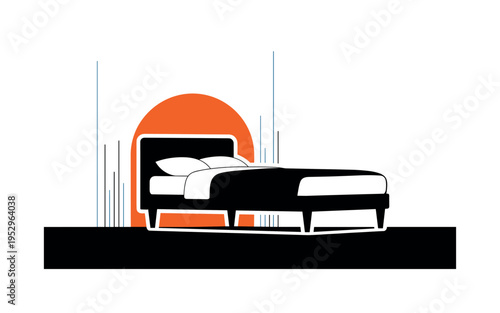 Black and white bed repositioned against simplified wall line, bold orange semicircle rising behind like functional improvement, thin blue vertical lines