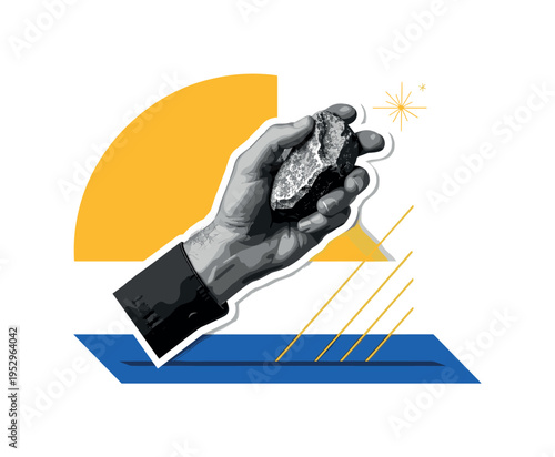 Black and white miner?s hand holding a piece of ore, detailed texture and strong contrast, layered paper collage look with white outline around the hand and