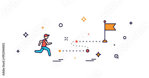Track goal achievement journey theme showing a small figure running along a dotted path toward a flag marker. A motivational representation of milestones,