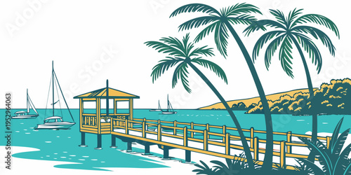 Tropical pier with palm trees and boats in the water