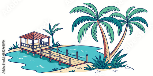 Tropical pier with palm trees and a gazebo beach