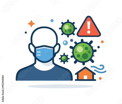 Mold remediation nightmare health concern shown as warning spores floating near a human silhouette with a mask symbol, expressing risk awareness and indoor air