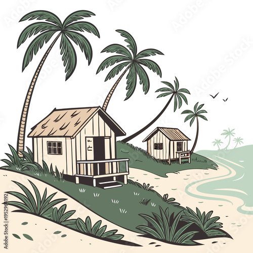 Beach huts with palm trees on sandy shore tropical