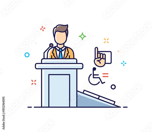 Accessible conference design shown as a minimal podium with a ramp and a small sign language gesture icon beside it, symbolizing communication access and equal