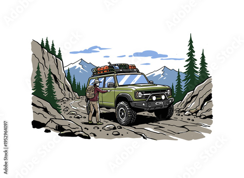 Mountain adventure with off road car. Outdoor trip for t shirt. Wild nature explorer. 4x4 vintage design. Camping artwork for poster.