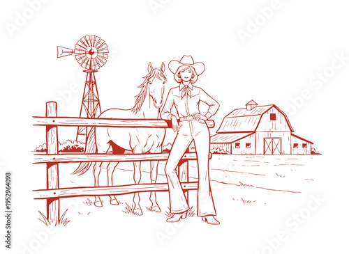 Cowgirl with horse vintage artwork for t-shirt. Farm life artwork for apparel, sticker, poster and others. Western ranch design. Wild west. Country.