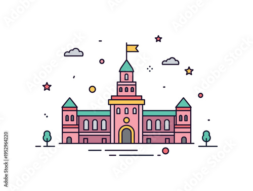 Traditional architecture landmark featuring a simplified historic building silhouette representing national pride and architectural legacy. Clean geometric