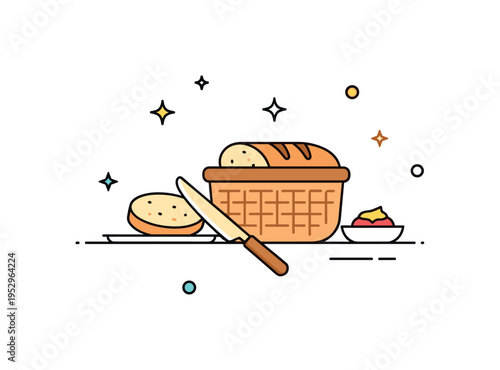 Breakfast table bread basket small woven basket with sliced baguette and butter knife resting beside it, expressing morning routine and cozy family dining.
