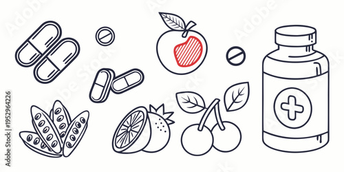Dietary supplements and healthy food vitamins pills fruits