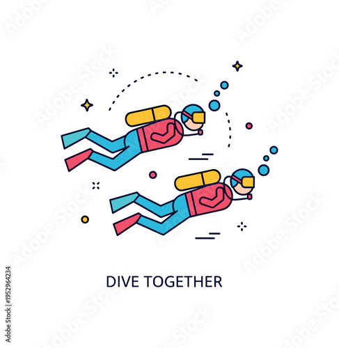Scuba diving buddy system concept featuring two simplified diver silhouettes swimming side by side with small connecting bubbles forming a subtle