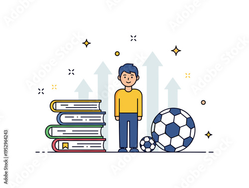 Extracurricular activities promoting academic success confident student standing between a stack of books and a soccer ball with subtle upward