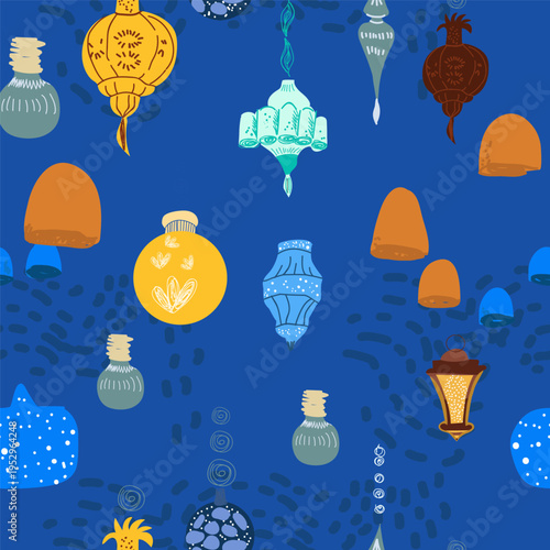 Seamless pattern with lanterns, hand drawn vector illustration.