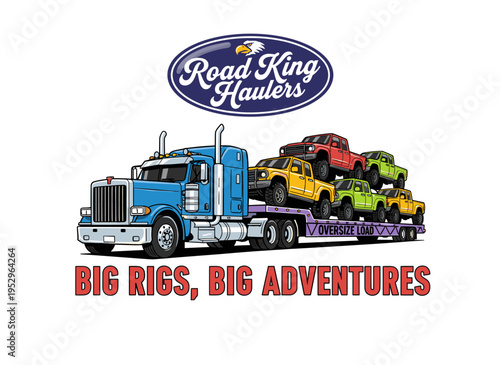 Big rig truck design for t shirt. Road king haulers illustration. Car hauler graphic print. Heavy transport artwork. Big adventure road trip.