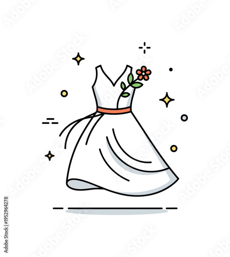 Boho 70s fashion throwback scene featuring a flowy dress silhouette with a small floral accent and gentle curve lines, symbolizing freedom, creativity, and