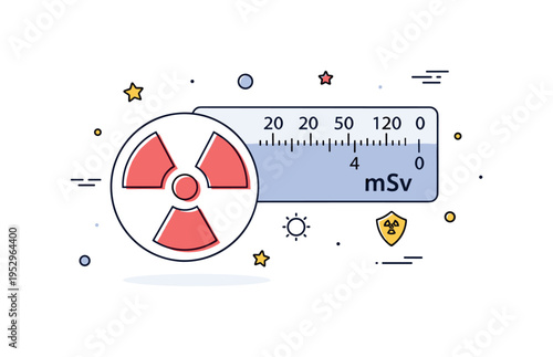 Radiation dose measurement simplified badge featuring radiation symbol and numeric meter scale labeled mSv, representing exposure tracking and safety