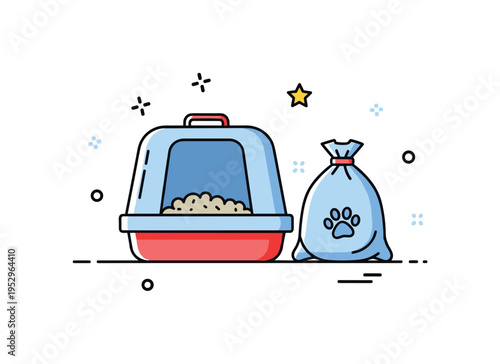 Pet hygiene routine illustration showing a tidy litter box next to a small trash bag icon representing proper disposal and organized care. The balanced