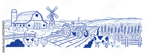 Farm life vintage artwork for t shirt. Rural landscape illustration. Agriculture tractor design. Country barn and windmill graphic. Harvest wheat art.