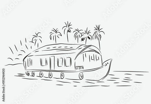 Beautiful House Boat and Nature Scenery Background Famous Backwaters Drawing.Kerala Nature Vector illustration.