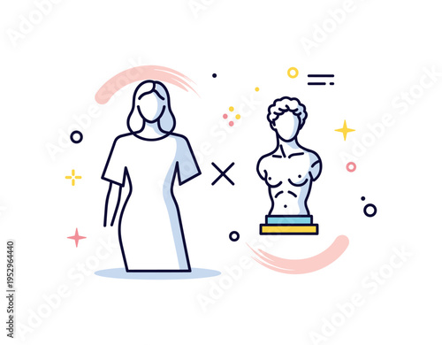Gallery inspired couture theme featuring a model outline paired with a minimal sculpture icon and soft curved brush accents, expressing dialogue between