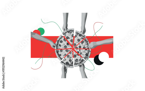 Black and white image of round pizza cut into equal slices with kids? hands reaching in, bold red rectangular block behind to amplify excitement, thin green