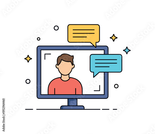 Virtual event production webinar hosting theme represented by a presenter silhouette inside a monitor frame with floating chat bubbles beside it. A clear