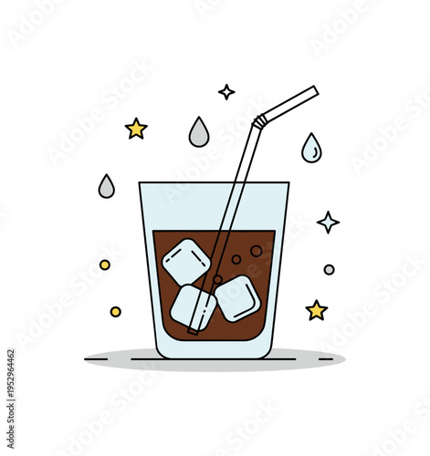 Cold brew refreshment illustrated by a transparent glass with ice cubes and a straw, accompanied by minimal droplet accents. The composition reflects smooth