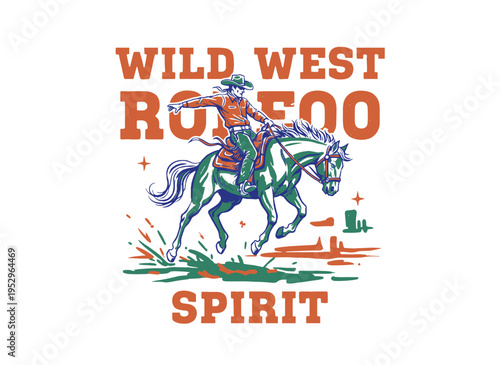 Wild west rodeo spirit artwork. Cowboy horse vintage design for t-shirt. Western apparel graphic print. Rodeo rider sticker. Vintage ranch style.