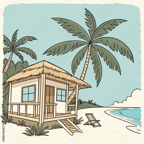 Of a beach hut with palm trees and a lounge chair tropical sandy beach
