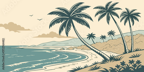 Of a tropical beach with palm trees and a mountain range scenic coastal