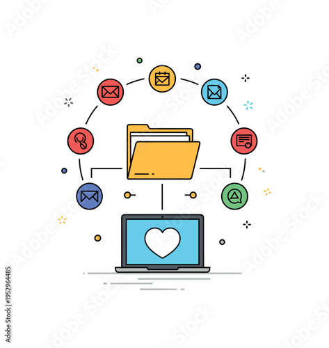 Digital tools organization tip represented by a folder icon connected to small app symbols arranged in a neat circular pattern around a laptop. The scene