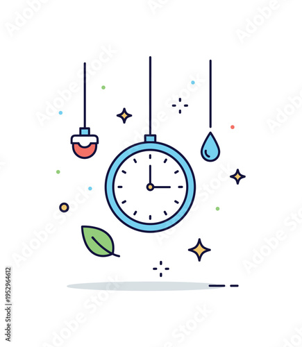 Time freeze moment depicted by a simple clock surrounded by small suspended objects like a leaf and droplet paused mid air, expressing halted motion. The