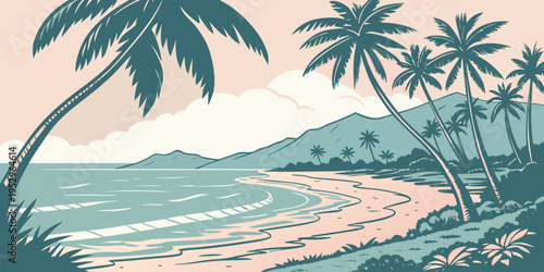 Tropical beach scene with palm trees and mountains ocean sand