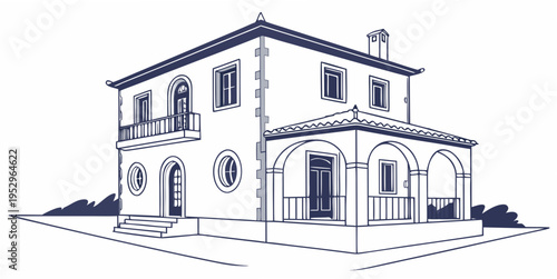 Two-story house with arched windows and balconies white