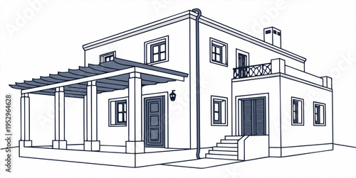 Two-story house with pergola and balcony white