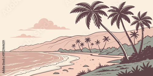 Vintage style beach with palm trees and mountains in pink hues vintage beach sandy shore