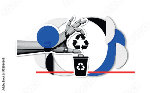 Black and white robotic hand holding a recyclable symbol above a bin, bold cobalt blue circle overlapping the upper wrist area, thin red horizontal accent line