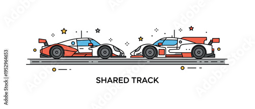 Endurance racing multi class competition concept featuring two differently styled race cars aligned side by side on a simplified track, symbolizing diversity