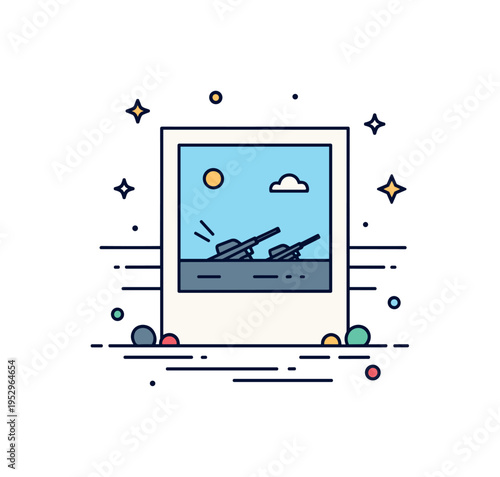 Iconic battlefield image representation with a simplified framed photo silhouette and soft horizon line symbolizing the emotional impact of wartime imagery.