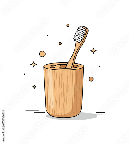 Eco friendly bamboo toothbrush holder featuring a natural textured cup with a single wooden brush inside. The image conveys sustainability, conscious living,