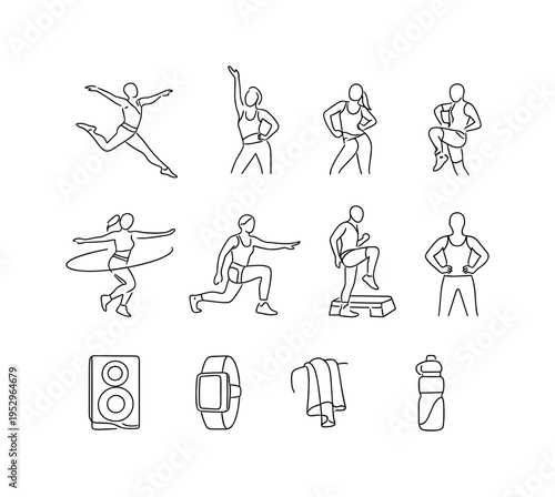 High Energy Dance Fitness. Minimalistic set one-line drawing energetic dance leap, arm wave motion, hip sway pose, knee drive step, spin movement, lunge with